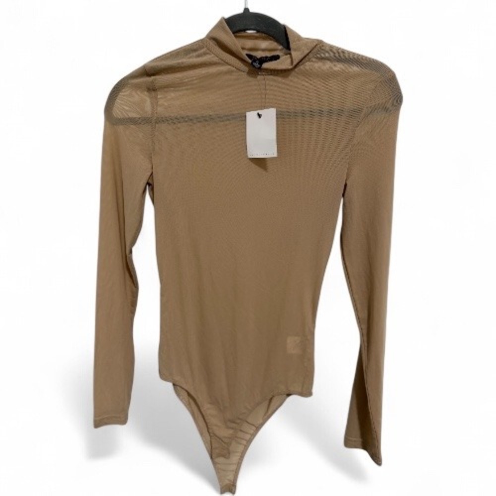 Hera Collection Beige Mesh Long Sleeve Mock Neck Bodysuit - Size S‎